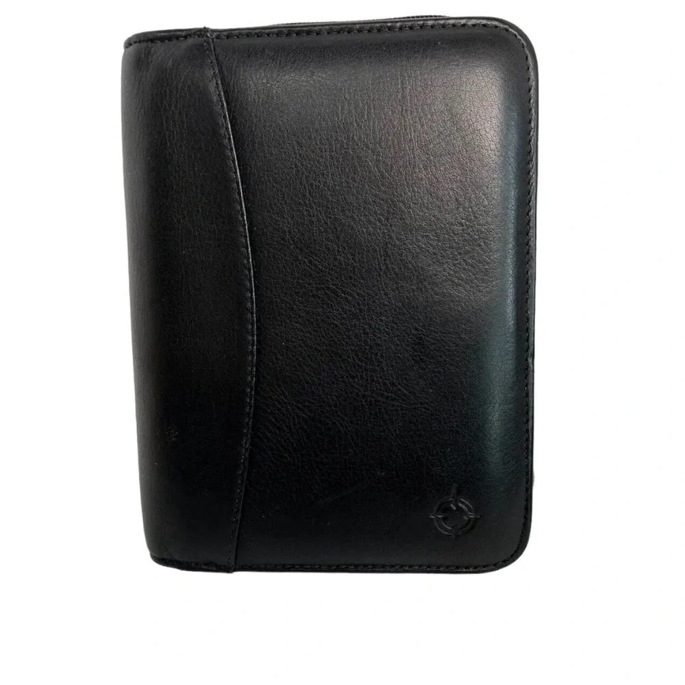 Franklin Covey Black Full Grain Nappa Leather USA Device Holder Zip Binder Tabs